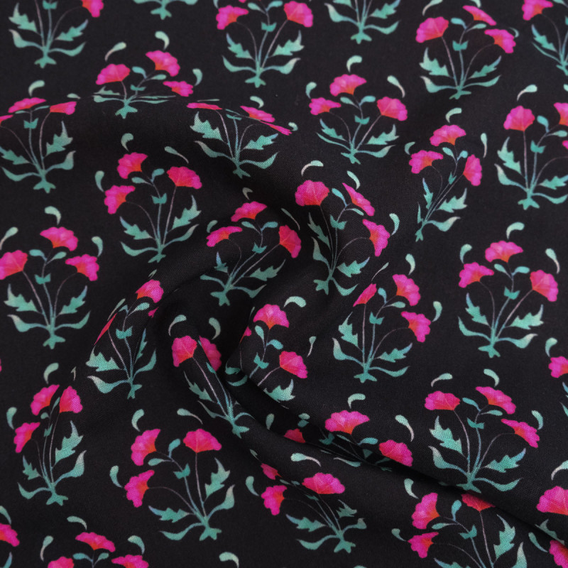 Bedrukte viscose-popeline Anna Fuchsia Zwart - Maison Klem