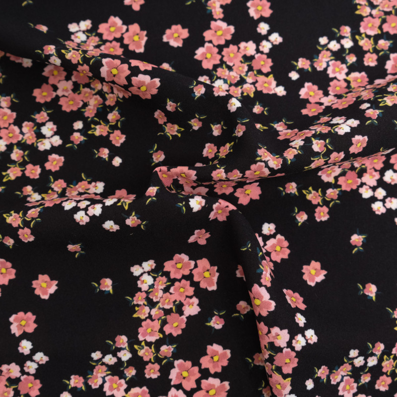 Popelín de viscosa estampado «Bloom» rosa y negro - Maison Klem