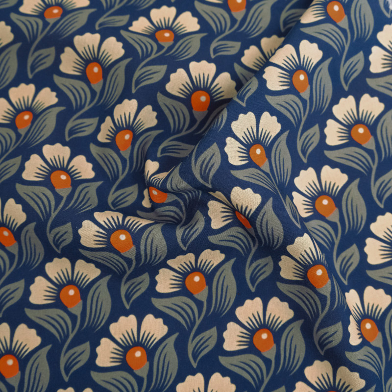 Bedrukte viscose-popeline Alice, oranje en indigo - Maison Klem