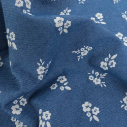 Tissu Chambray Jean Palerme Fleur Fond Bleu Jean