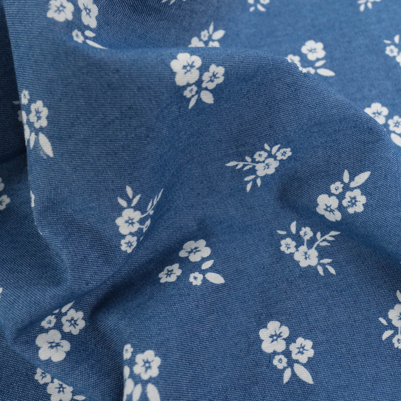 Tissu Chambray Jean Palerme Fleur Fond Bleu Jean