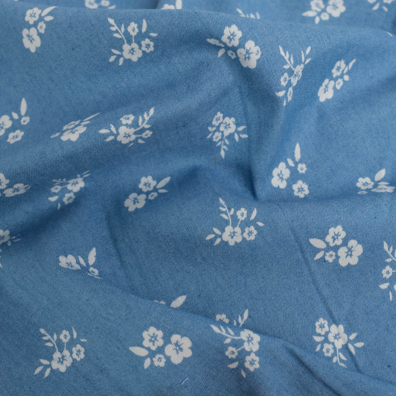 Kopie van Tissu Chambray Jean Palerme Fleur Fond Bleu Jean