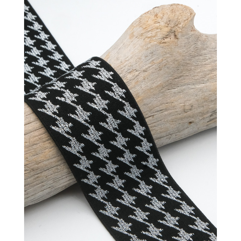 Elastique Lurex Design 40MM pied de poule argent et noir