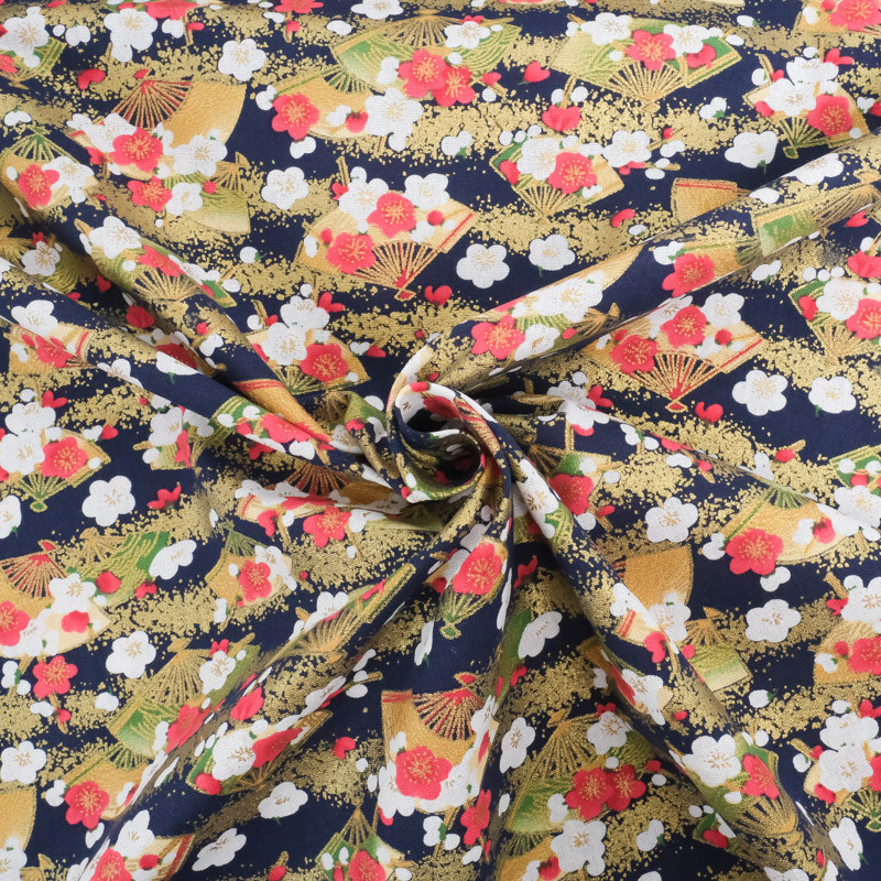 Coton Imprimé Lurex Eventails Marine - Maison Klem