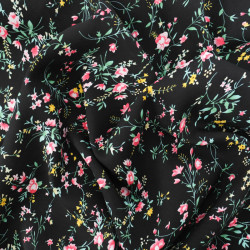 Tissu Viscose Noir Motif Fleuri Rose et Jaune - Maison Klem