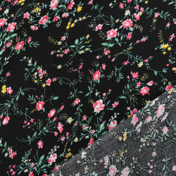Tissu Viscose Noir Motif Fleuri Rose et Jaune - Maison Klem