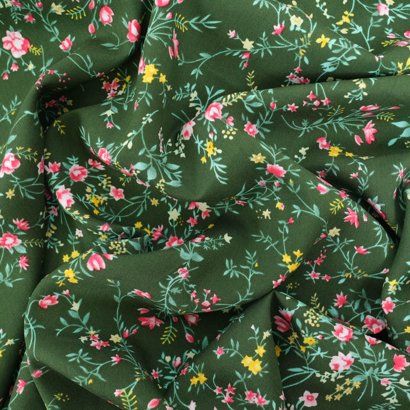 Viscose Vert Motif Fleuri Rose et Jaune - Maison Klem