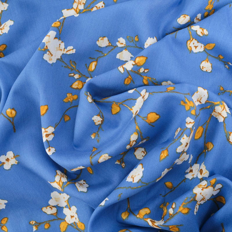 Tissu Viscose Bleu Motif Fleurs de Cerisier - Maison Klem