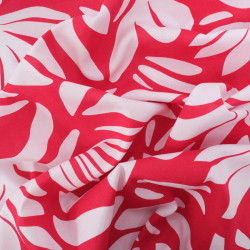 Viscose Framboise Motif Feuillage Blanc - Maison Klem