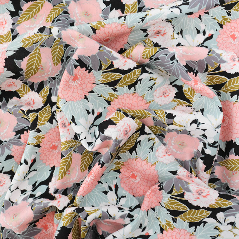 Viscose Fleurie Fond Noir Motif Rose et Bleu - Maison Klem