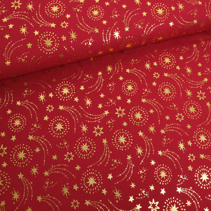 Tissu Noël Rouge Etoiles Filantes Dorées - Maison Klem