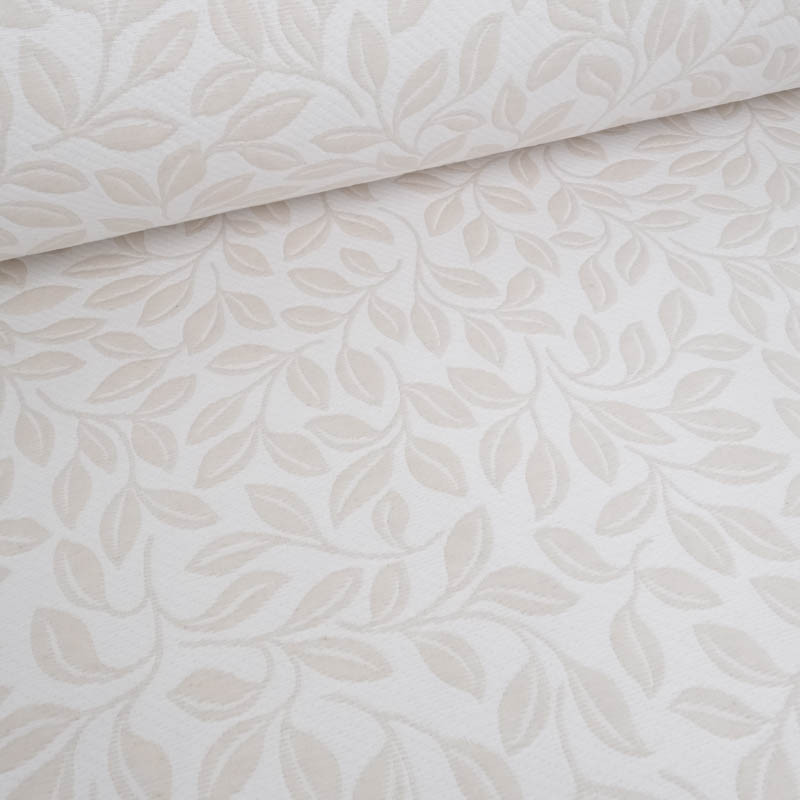 Tissu Damassé Grande Largeur Motif Feuilles Ecru Beige - Maison Klem