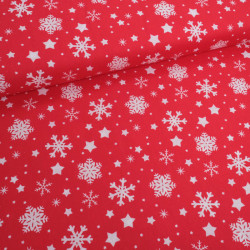 Tissu Noël Coton Flocon Blanc Fond Rouge - Maison Klem