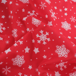 Tissu Noël Coton Flocon Blanc Fond Rouge - Maison Klem