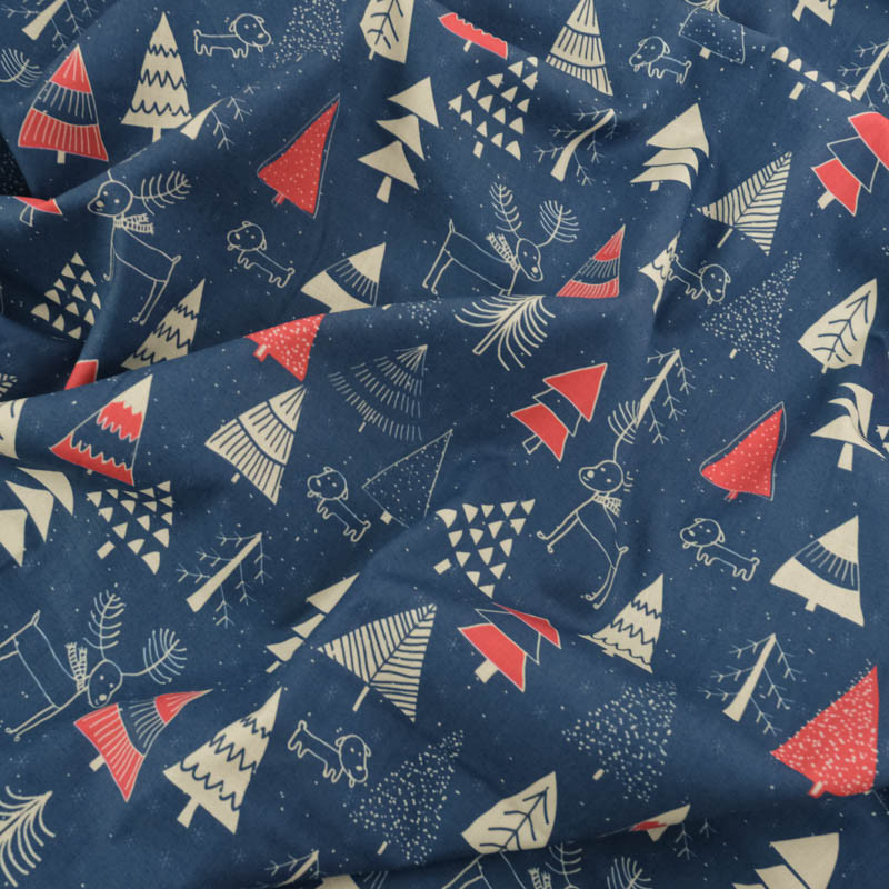 Tissu Noël Coton Sapins Marine Et Rouge - Maison Klem