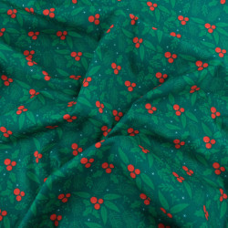 Tissu Noël Coton Houx Fond Vert - Maison Klem