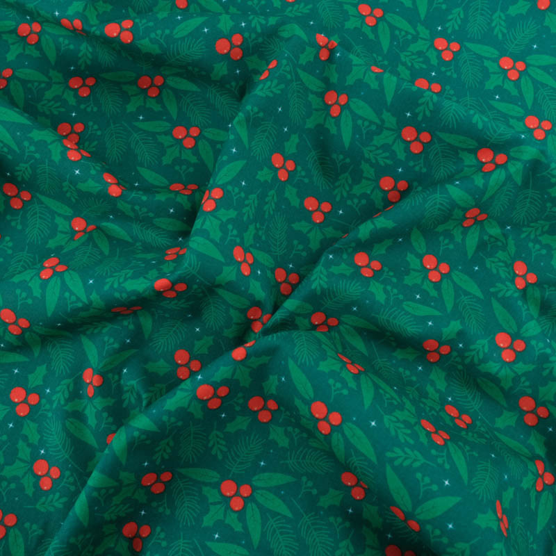 Tissu Noël Coton Houx Fond Vert - Maison Klem