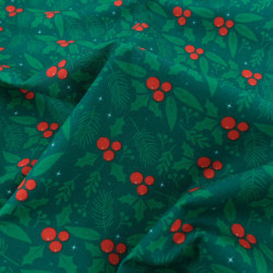 Tissu Noël Coton Houx Fond Vert - Maison Klem