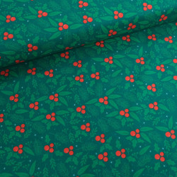 Tissu Noël Coton Houx Fond Vert - Maison Klem