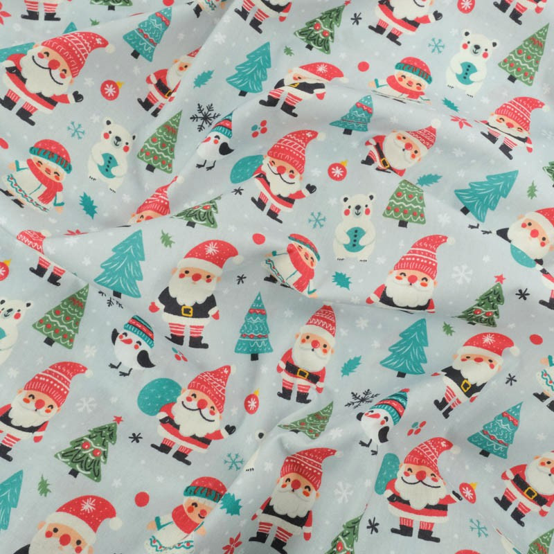 Tissu Noël Coton Bonnets De Noël Fond Bleu Gris - Maison Klem