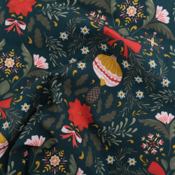 Tissu Noël Coton Vert Sapin Boule Et Fleur De Noël - Maison Klem