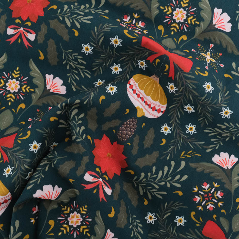 Tissu Noël Coton Vert Sapin Boule Et Fleur De Noël - Maison Klem