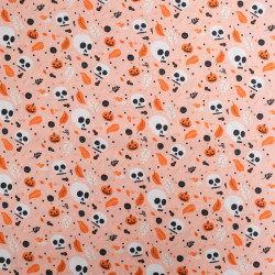 Tissu Coton Halloween Rose Têtes de Mort et citrouilles - Maison Klem