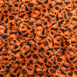 Tissu Coton Halloween Orange Motif Sorcières et Citrouilles - Maison Klem
