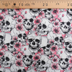 Tissu Coton Halloween Têtes De Mort Et Fleurs Roses - Maison Klem