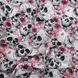 Tissu Coton Halloween Têtes De Mort Et Fleurs Roses - Maison Klem