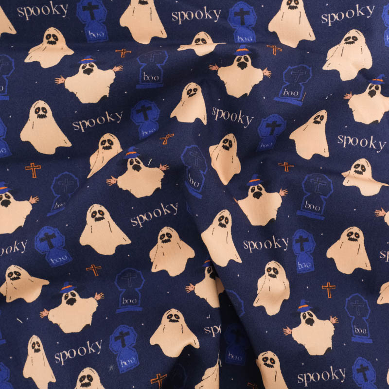 Tissu Coton Halloween Spooky Bleu Marine - Maison Klem