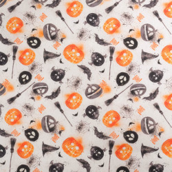 Tissu Coton Halloween Blanc Citrouilles et Chauve-Souris - Maison Klem