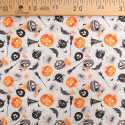 Tissu Coton Halloween Blanc Citrouilles et Chauve-Souris - Maison Klem