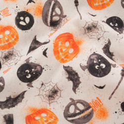 Tissu Coton Halloween Blanc Citrouilles et Chauve-Souris - Maison Klem