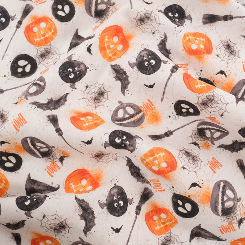 Tissu Coton Halloween Blanc Citrouilles et Chauve-Souris - Maison Klem