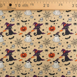 Tissu Coton Halloween Beige Petit Chat Noir - Maison Klem