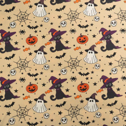 Tissu Coton Halloween Beige Petit Chat Noir - Maison Klem