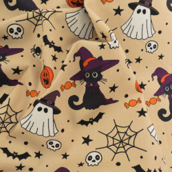 Tissu Coton Halloween Beige Petit Chat Noir - Maison Klem