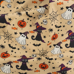 Tissu Coton Halloween Beige Petit Chat Noir - Maison Klem