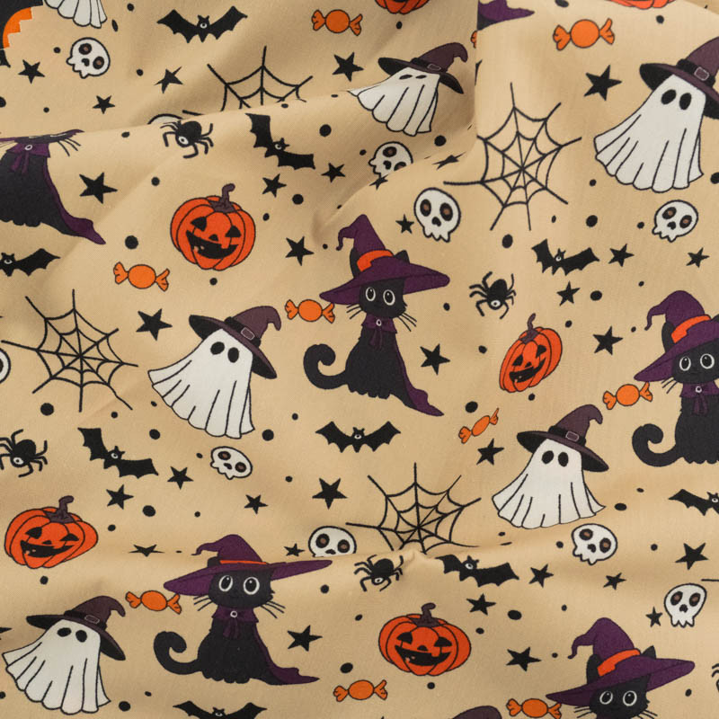 Tissu Coton Halloween Beige Petit Chat Noir - Maison Klem