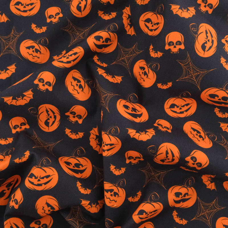 Tissu Coton Halloween Citrouilles Fond Noir - Maison Klem