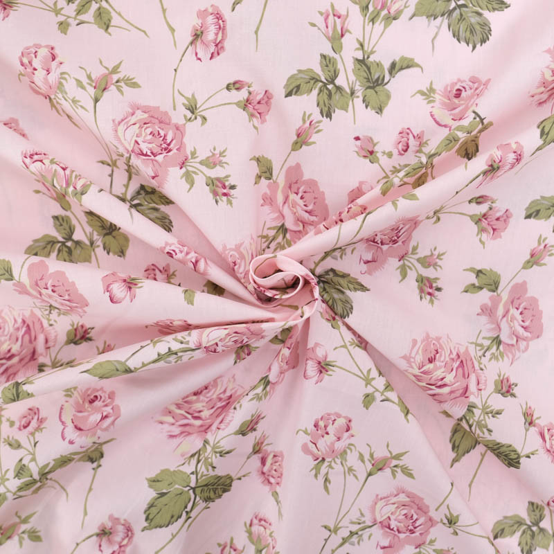 Popeline Motif Rose Fond Blush - Maison Klem