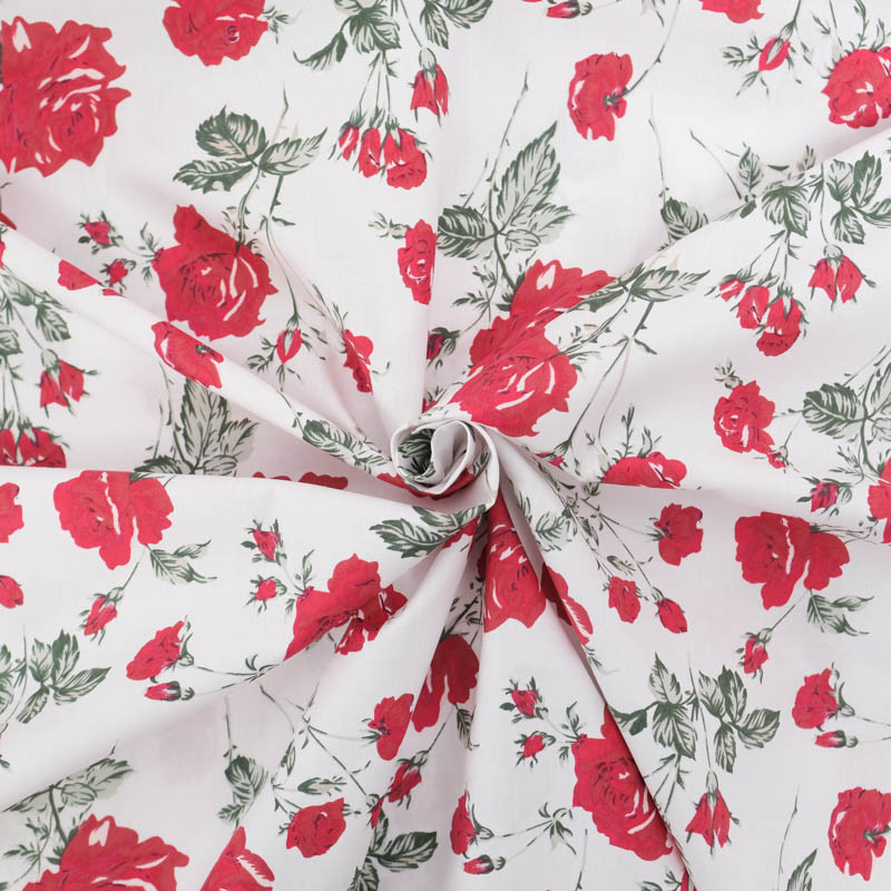 Popeline Motif Rose Fond Blanc - Maison Klem