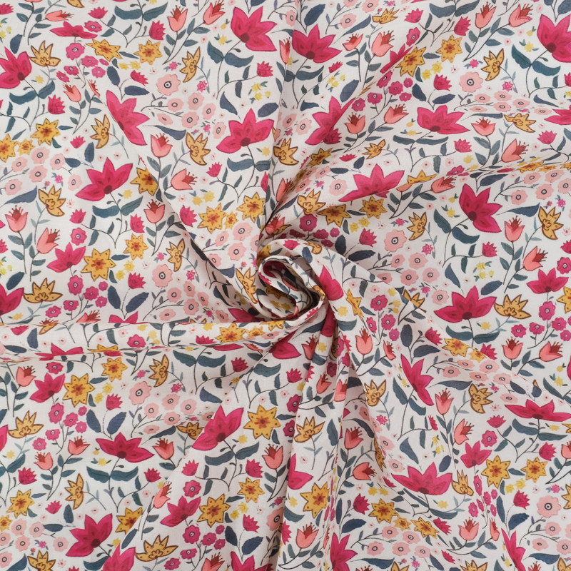 Popeline de Coton Mila Suzie Rose Fond Ecru - Maison Klem