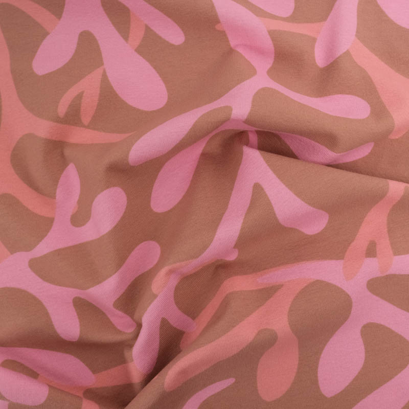 Tissu Jersey de Coton Coraux Coffee et Rose - Maison Klem